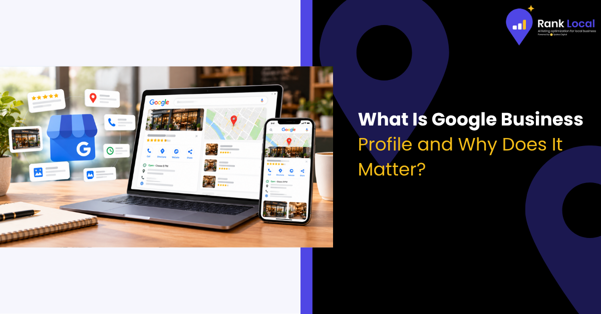 Google Business Profile shown on a laptop and phone with reviews and map
