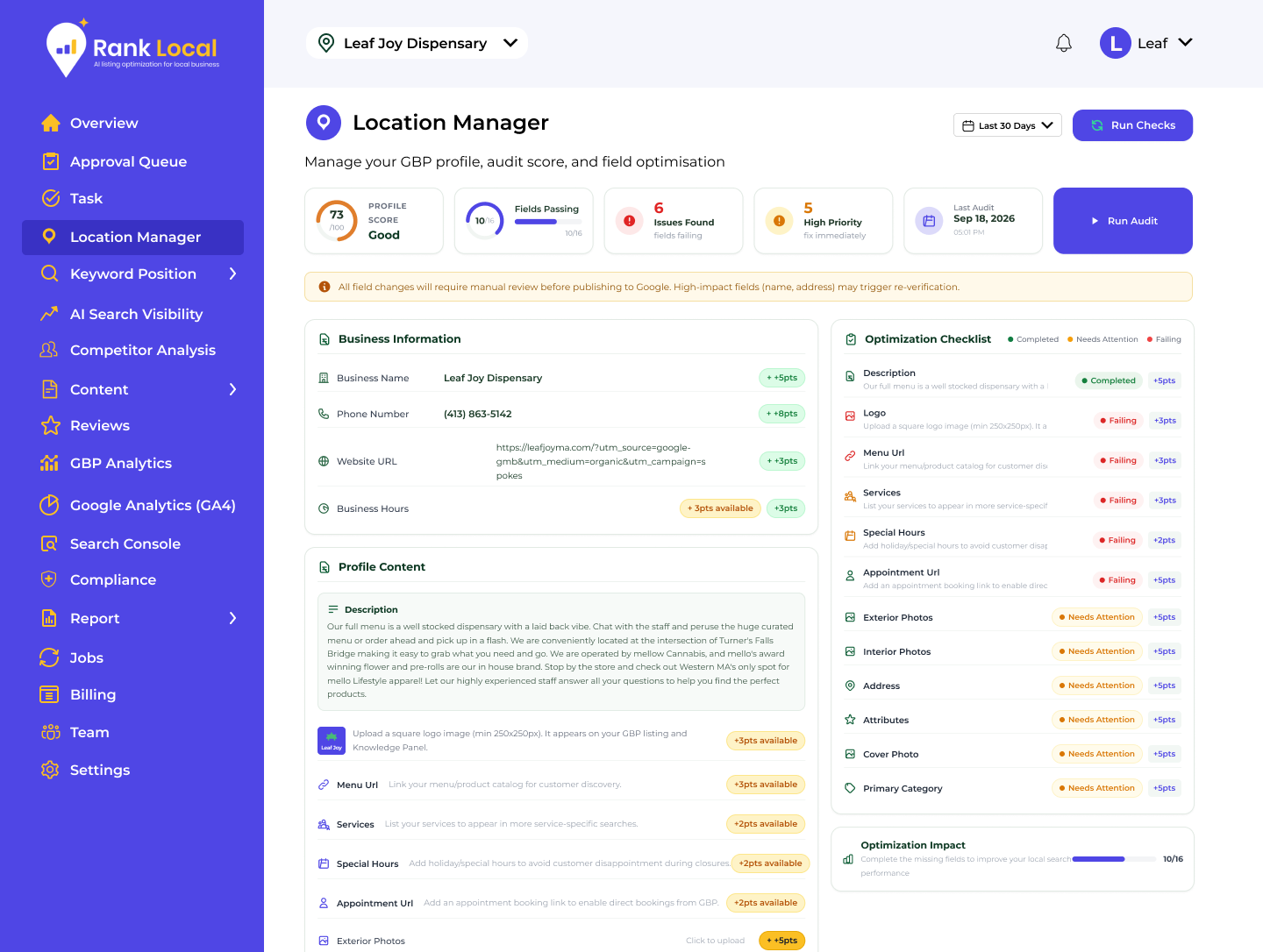 Location manager with profile score, business information fields and optimization checklist